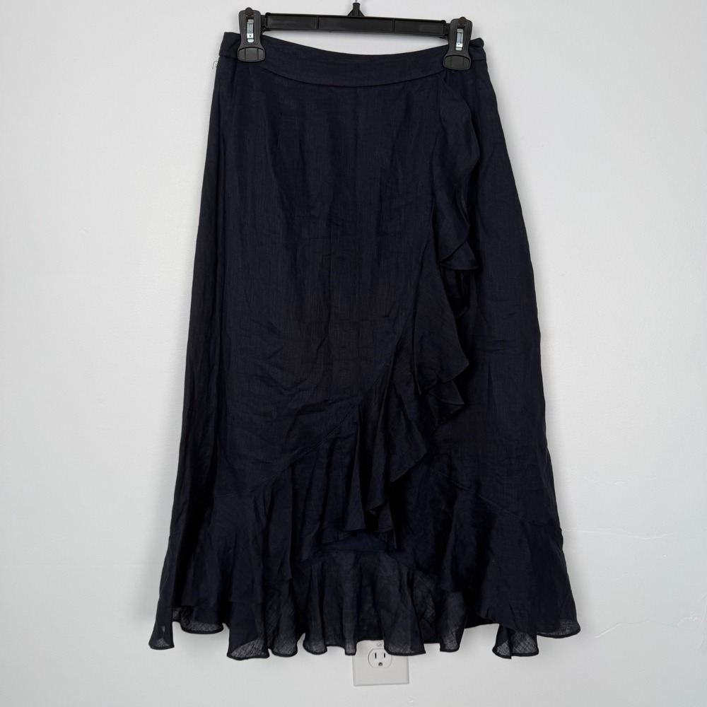 J. Peterman Navy Blue 100% Linen Ruffle Wrap High-Low Midi Skirt Womens 4